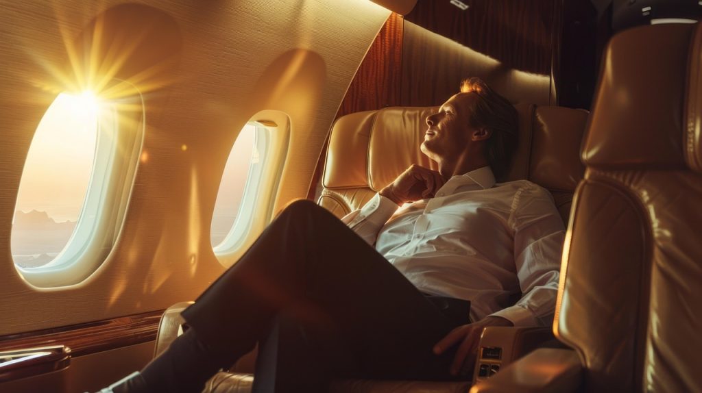 Business class traveler relaxing in leather seat while enjoying sunset view through airplane window - comparing business class vs first class premium travel experience